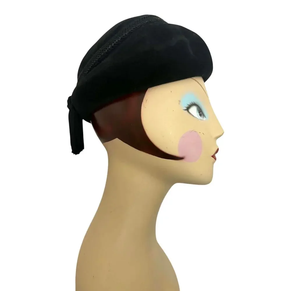 Vintage 60s Jan Leslie Black Velvet Toque Hat Tassels Battelsteins Houston Italy